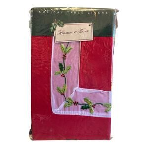 Holiday At Home Tablecloth 60x102” Oblong Red w/White chiffon trim & embroidery